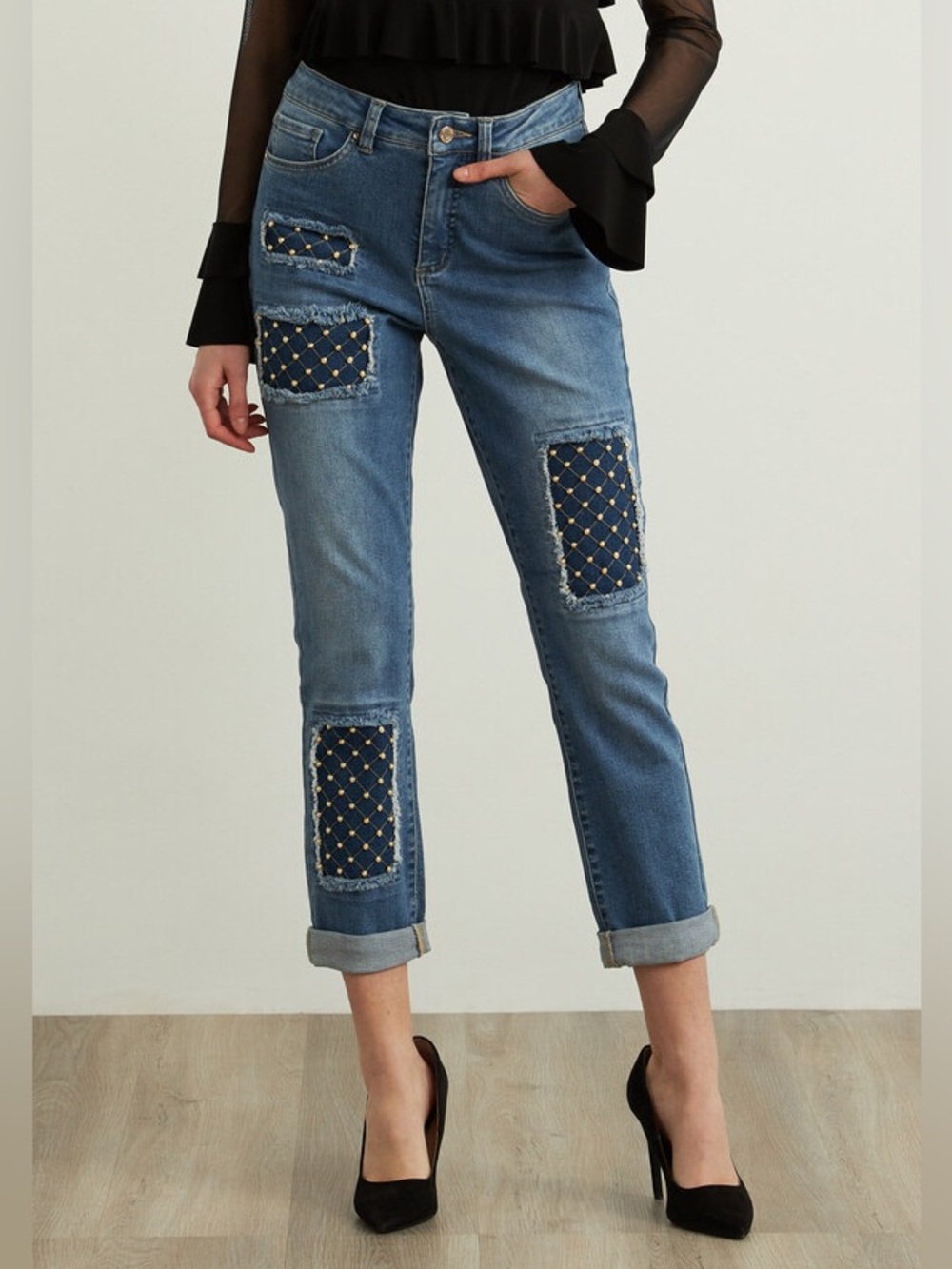 Joseph Ribkoff Patchwork Jeans Style 213979 Slim Fit High Rise Med Wash
